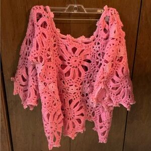 Beautiful pink crocheted sweater with bell sleeves. Size S.